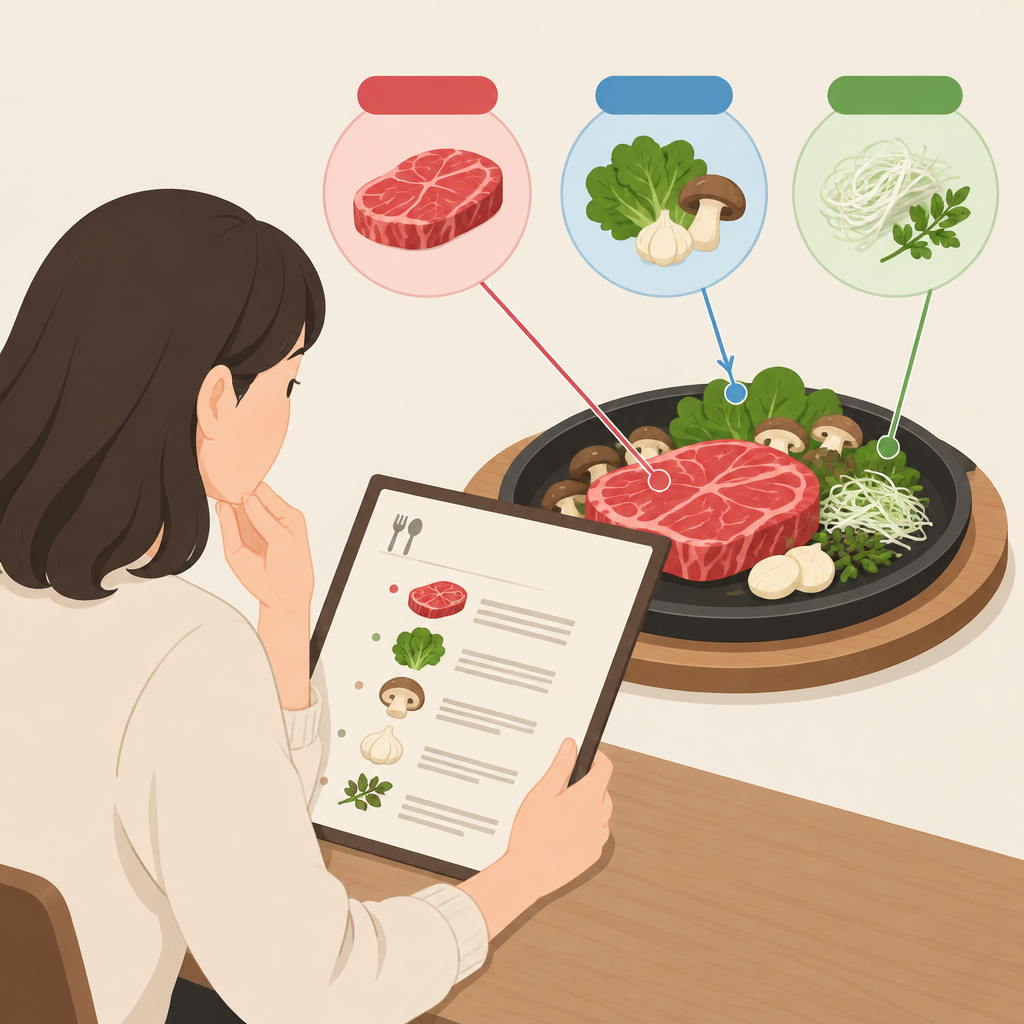 AI 생성 설명 이미지: 안산일동한우 유니드정육식당 | 메뉴 재료명으로 주재료와 고명을 구분하는 법
