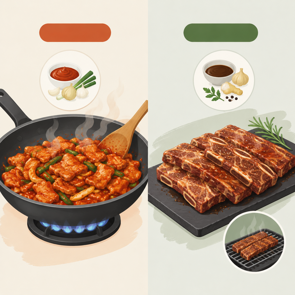 AI 생성 설명 이미지: 안산일동맛집 유니드정육식당 | 제육볶음과 돼지갈비, 메뉴명으로 구분하는 법